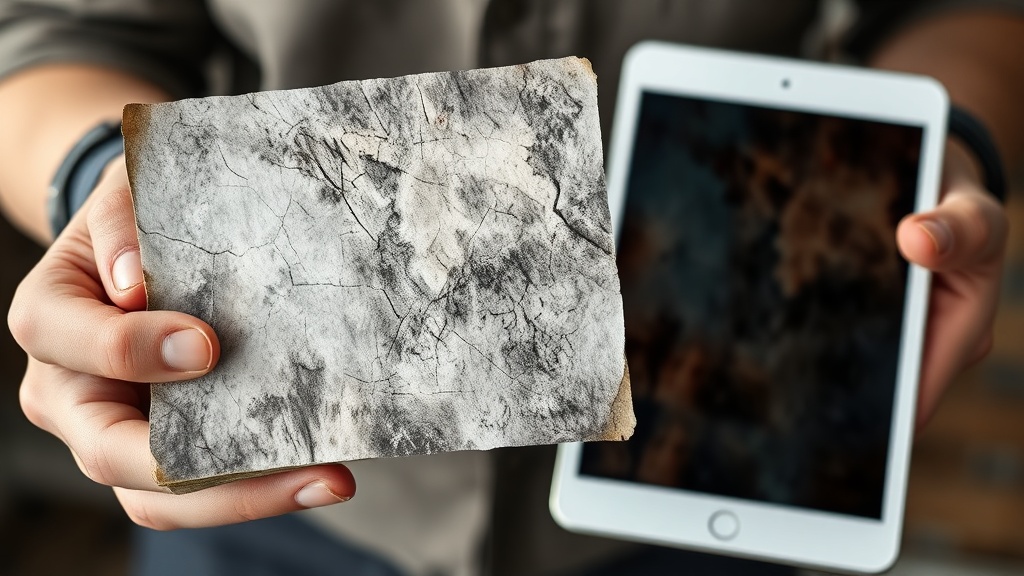 Hands holding an old damaged photo next to a tablet showing a restored version using AI photo restoration tools.