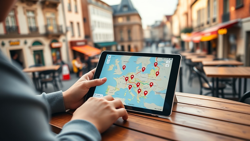 A traveler using an AI travel planner app on a tablet to organize a European trip itinerary.