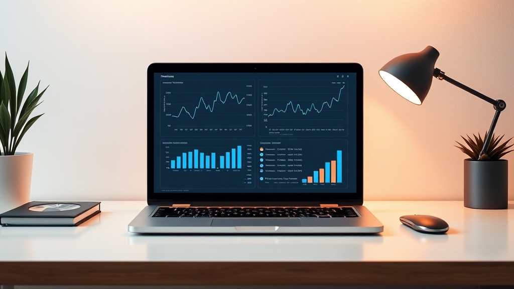 A professional desk setup with a laptop screen showing AI-generated financial charts for business planning.
