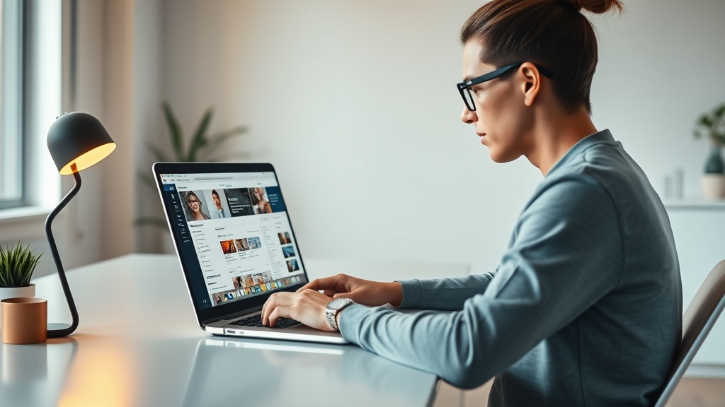 A professional creator using AI caption writer software on a laptop to manage social media marketing.
