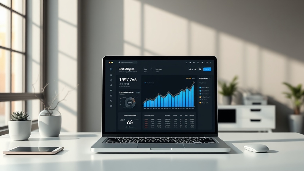 A professional desk setup with a laptop displaying AI-powered sales outreach email performance metrics.