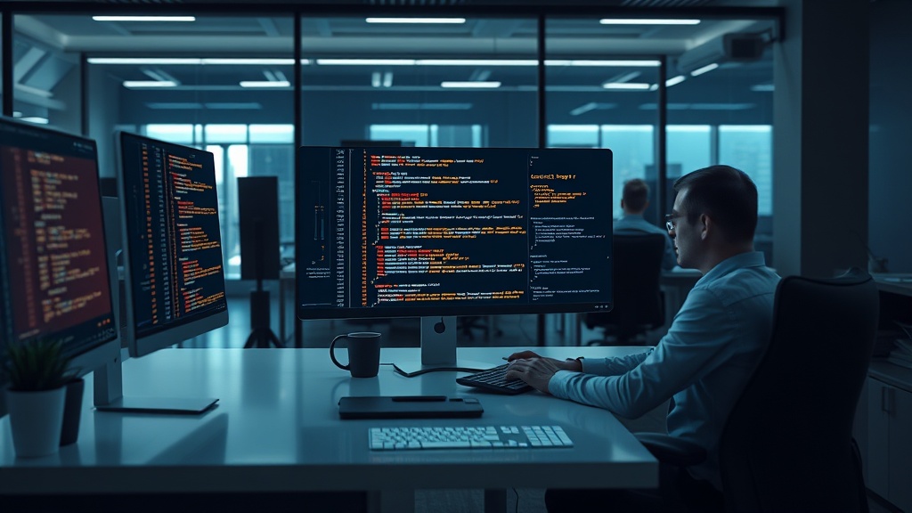 Software developer using advanced AI debugging tools to fix complex code errors on a high-tech monitor.
