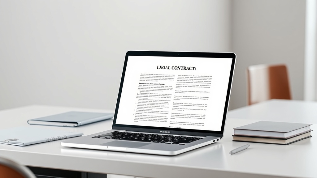 A professional workspace with a laptop showing AI-powered legal document translation software.