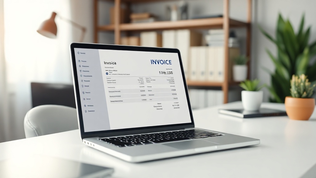 A professional desk setup with a laptop showing AI-powered invoice generation software for freelancers.