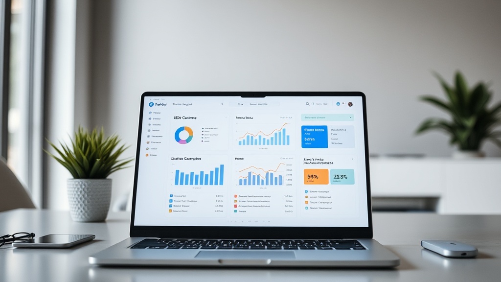 A professional desk setup with a laptop showing AI-driven SEO software for WordPress and Shopify optimization.