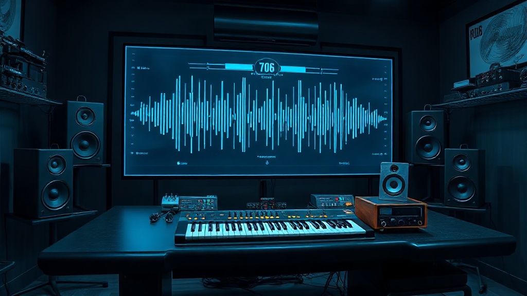 Professional workspace showcasing AI music generation software creating royalty-free audio tracks.