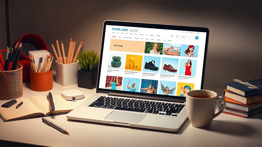 A professional desk setup with a laptop showing AI-generated product descriptions for an online store.