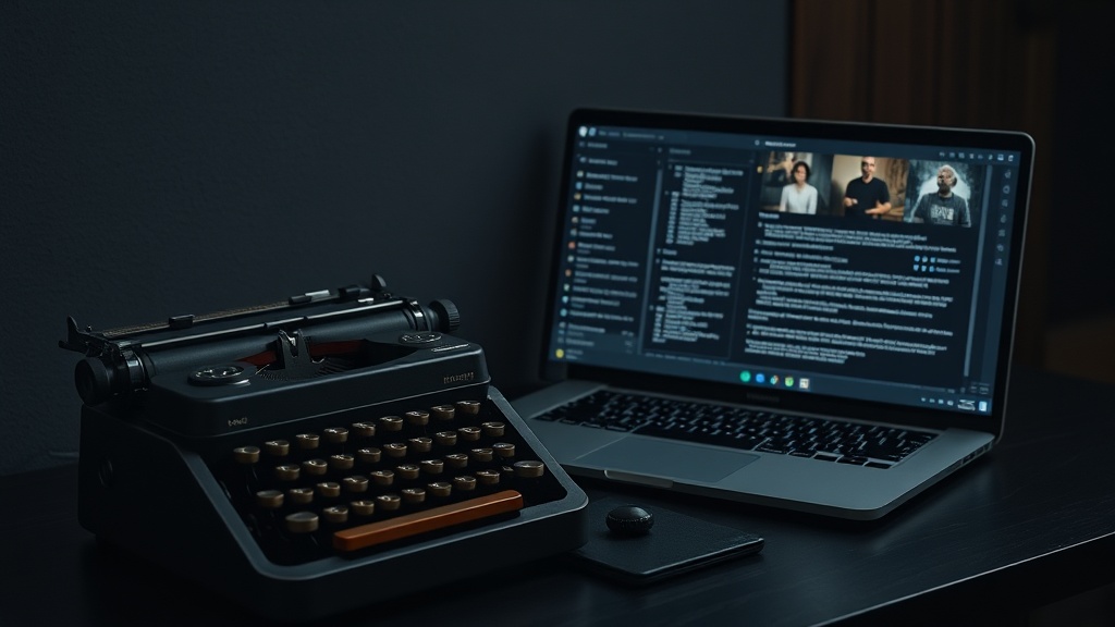 A professional desk setup featuring AI screenwriting tools on a laptop screen for modern filmmakers.