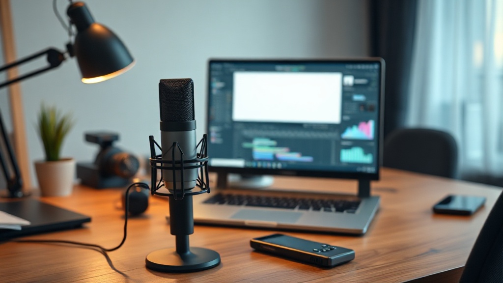 A professional desk setup featuring an AI scriptwriting tool on a laptop screen to help YouTubers write engaging content.