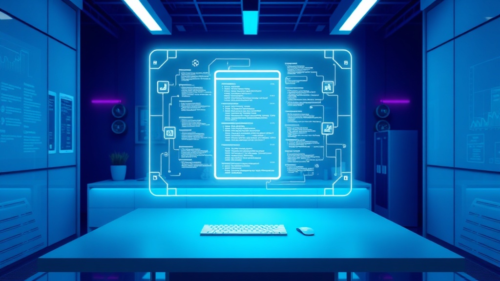 A professional workspace featuring a glowing database schema visualization, representing AI SQL generator tools for data management.