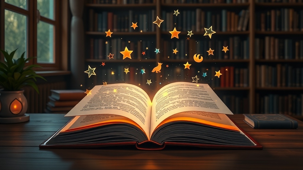 A magical, glowing book representing the best AI story generators for kids' books.