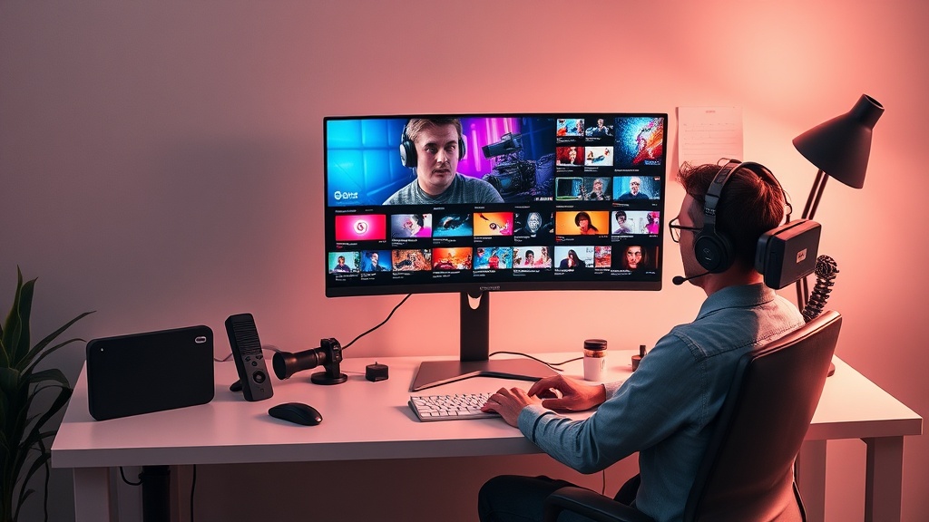 A professional designer using AI tools to create high-converting YouTube thumbnails on a desktop computer.
