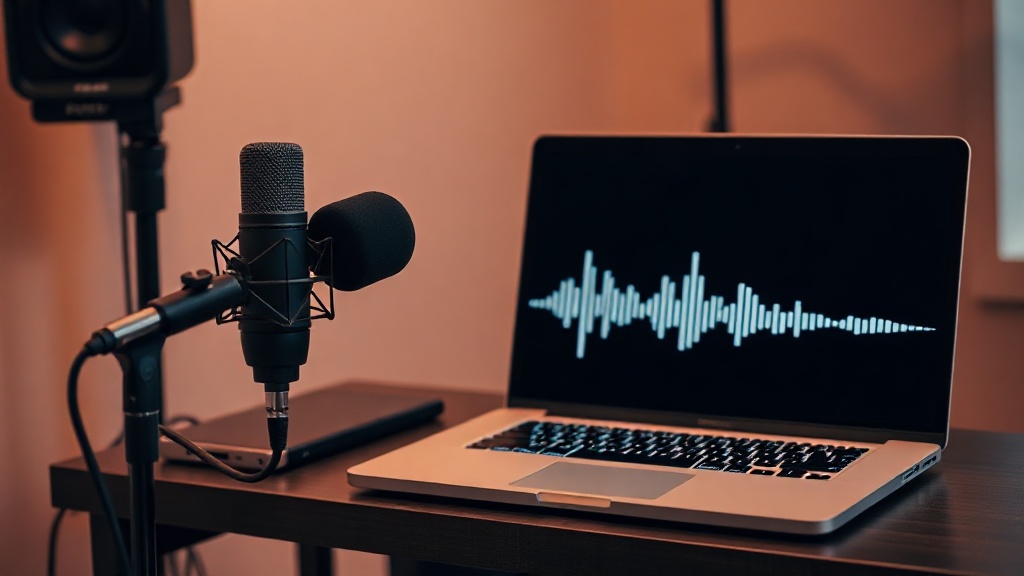 A professional podcasting and journalism setup featuring a high-quality microphone and an AI transcription software interface on a laptop.