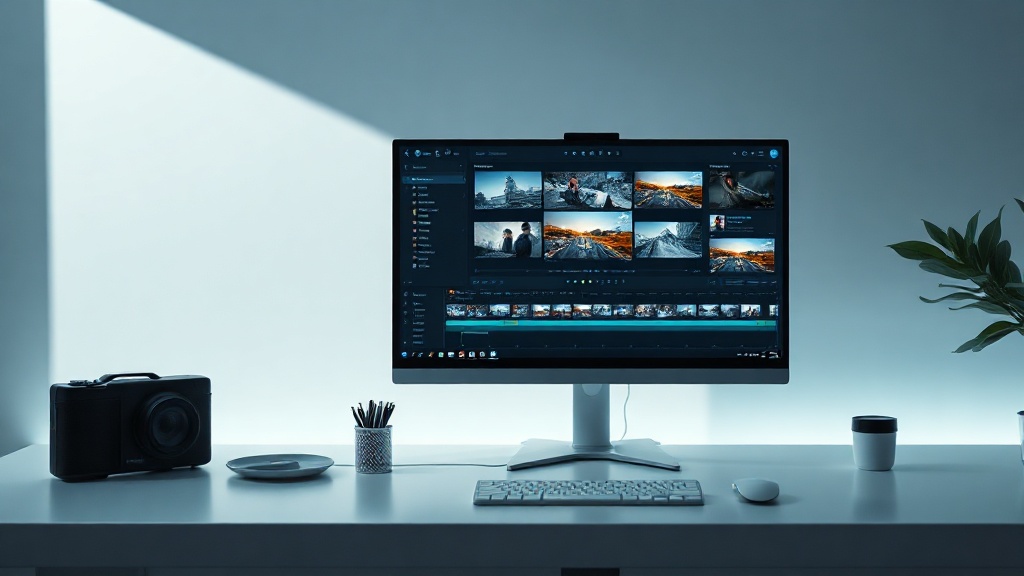 Professional content creator workstation using AI video editing software for social media.