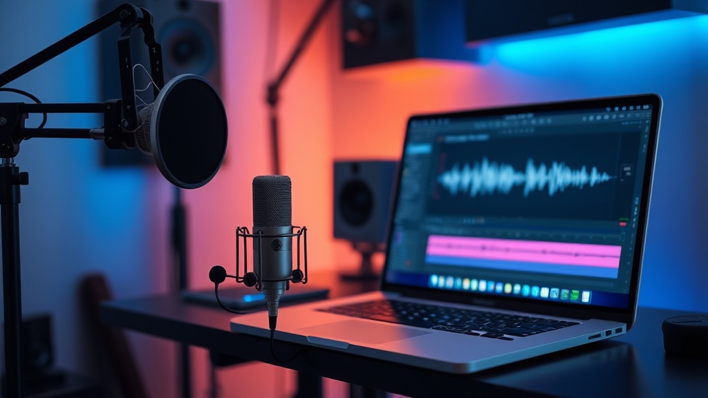 A professional desk setup with a laptop and microphone representing AI voiceover production.