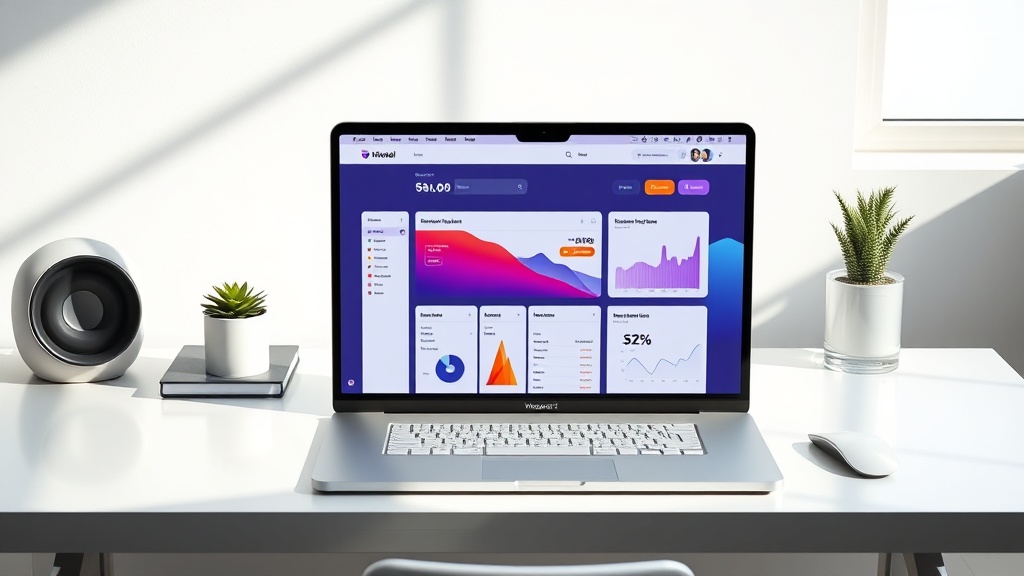 A sleek laptop screen showing an AI website builder interface in a modern, bright office setting.
