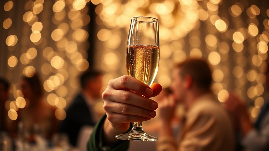 A person holding a glass of champagne at a wedding while preparing to give a speech.