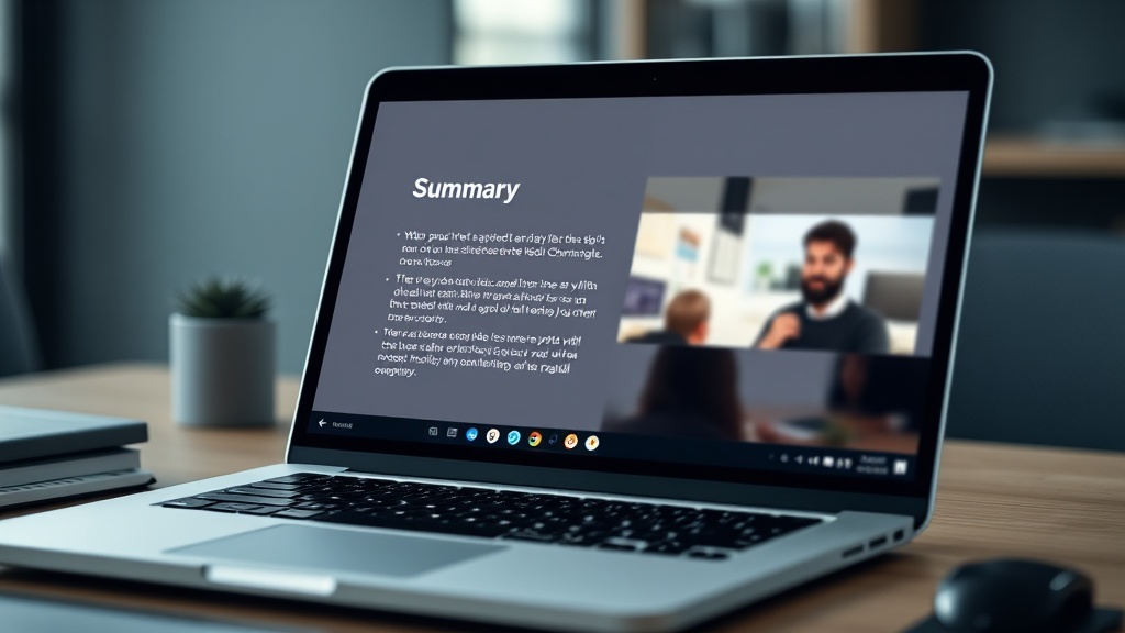 A professional desk setup showing an AI YouTube summariser tool on a laptop screen for efficient study and research.