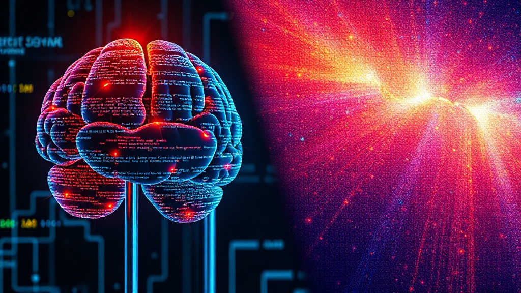 A conceptual split-screen image comparing AI text generation and AI image creation.