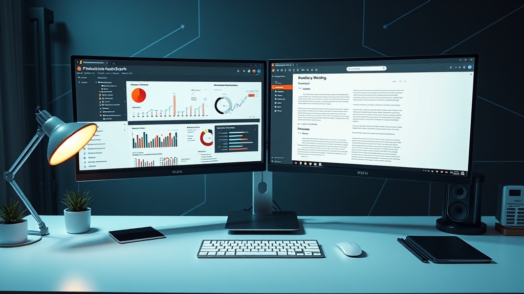 Comparison of Copy.ai and Perplexity AI interfaces on a dual-monitor setup for research.
