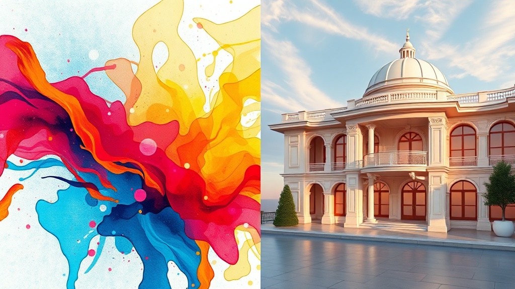 A high-quality split-screen comparison of AI-generated art styles, featuring abstract digital painting and photorealistic architectural design.