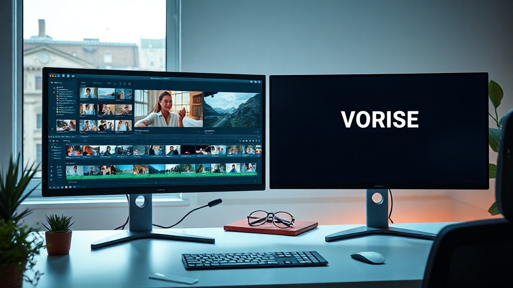 A professional desk setup showing a comparison between AI video editing software and AI writing tools.