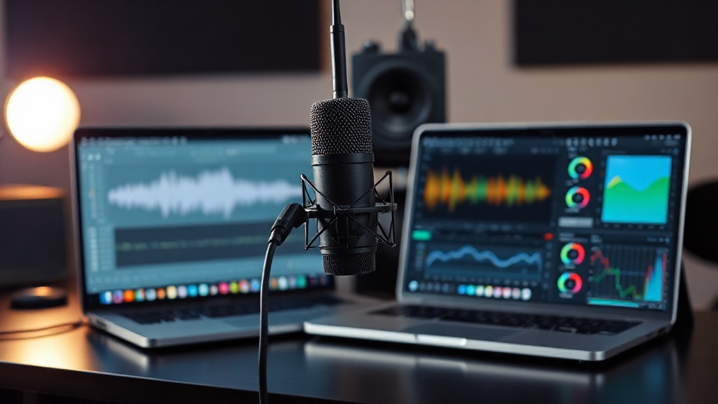 Professional podcast studio setup comparing ElevenLabs vs Descript AI voice tools on a laptop screen.