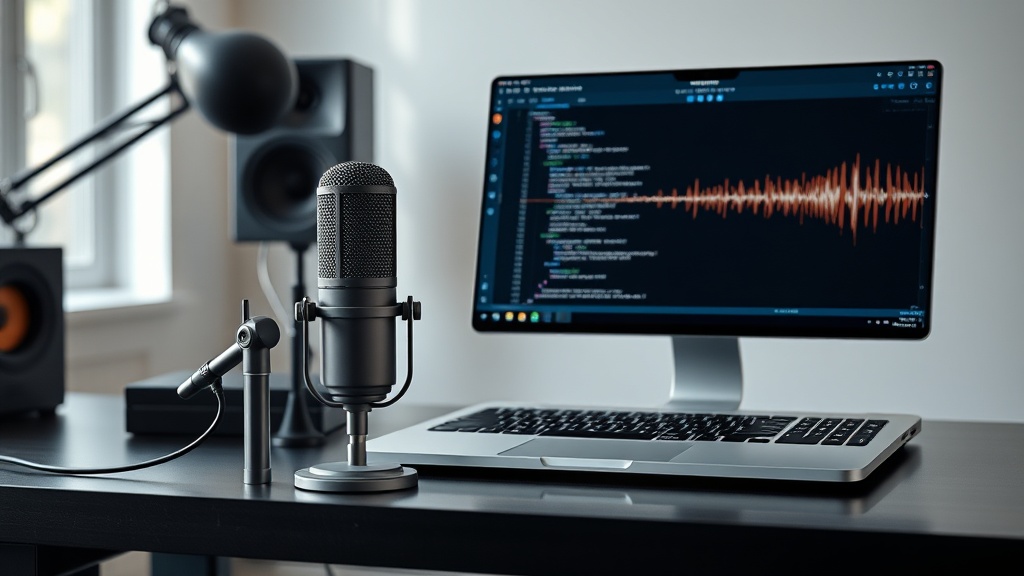 Professional workspace showing ElevenLabs audio software and Jasper AI writing interface side-by-side on screens.