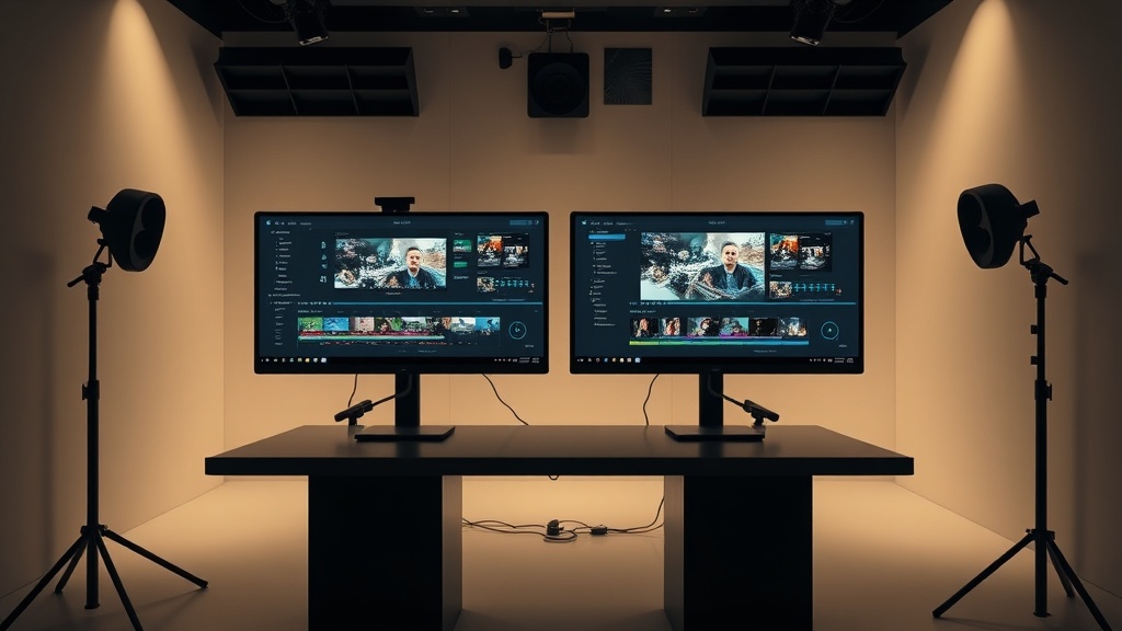 A professional workstation showing Fliki and Murf software interfaces for AI video and voiceover creation.