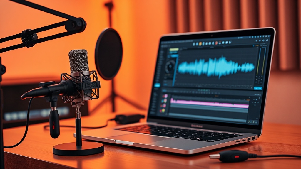 A professional desk setup comparing AI voiceover software options on a laptop screen.