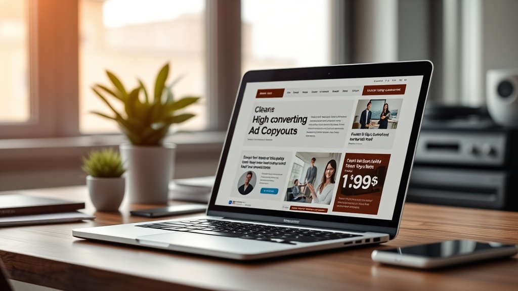 A professional desk setup showing a dashboard of free AI advertising copy tools used to improve marketing ROI.