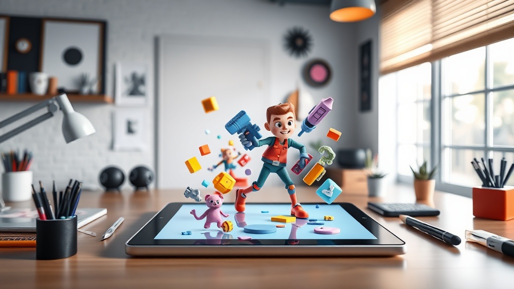 A digital artist using free AI animation software to create a 3D character on a tablet.