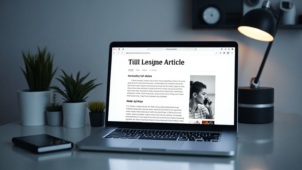 A professional desk setup featuring a laptop screen with AI writing software for blog post generation.