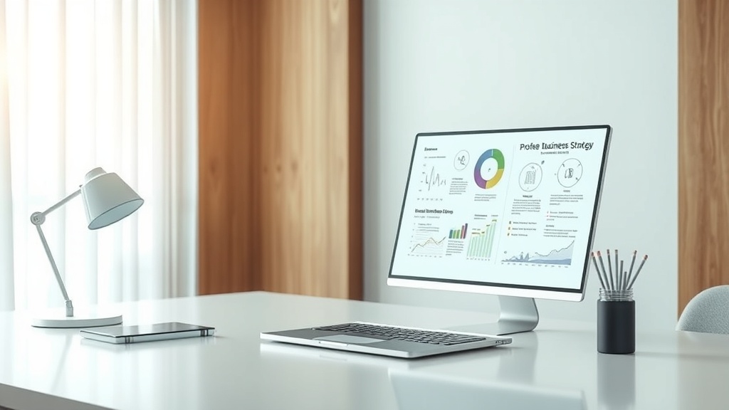 A professional desk setup with a laptop showing AI-generated business plan outlines for a startup pitch.