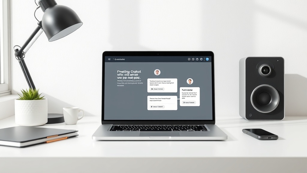 A professional desk setup showing a free AI chatbot creator interface on a laptop screen.