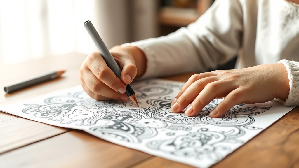 A child coloring a custom AI-generated black and white line art page on a wooden desk.