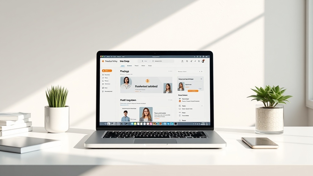 Professional workspace showing a laptop screen with AI email outreach software and analytics.
