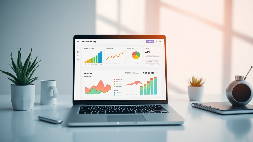 A professional laptop screen showing email marketing analytics and AI subject line generation tools.