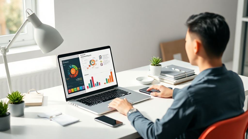 A professional designer using a laptop to create data-driven infographics with AI tools.