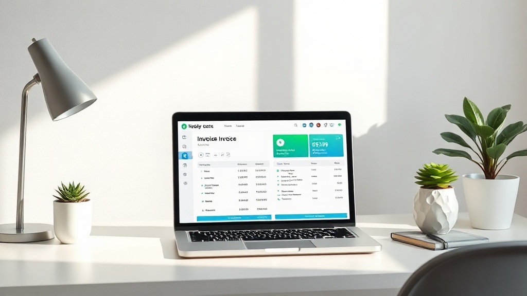 Professional workspace with a laptop displaying an AI-powered invoice generator dashboard for small business owners.