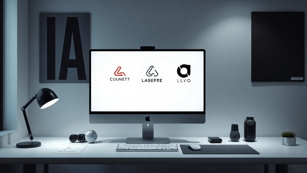 A professional designer workspace showing high-quality AI generated logo concepts on a screen.