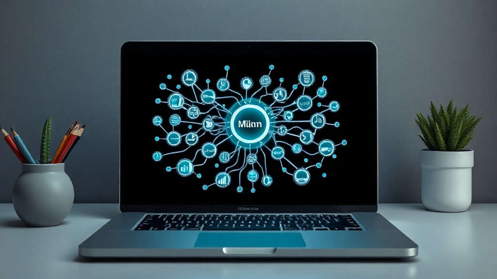 A digital mind map displayed on a laptop screen representing AI-powered note syncing and visual organization.
