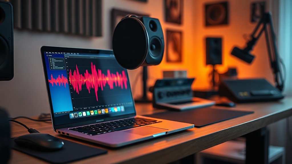 A professional workstation featuring a laptop displaying AI music generation software for commercial use.