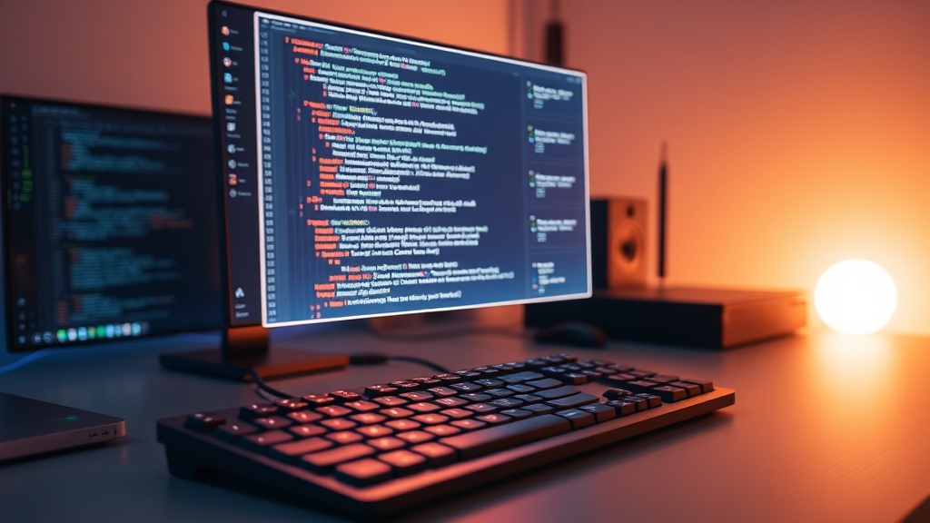 A professional developer using a clean AI programming assistant on a dual-monitor setup.