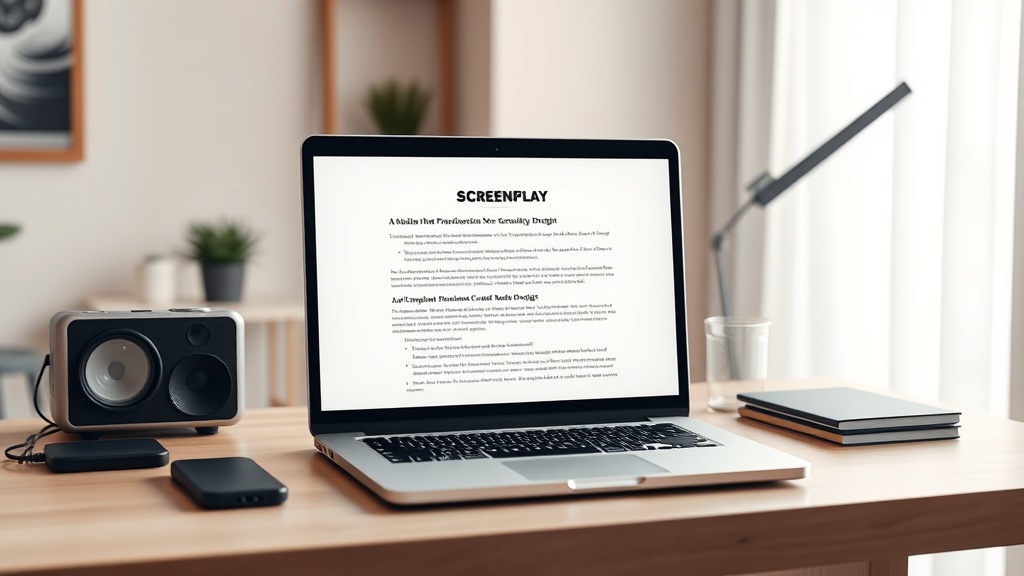 A professional screenwriter's desk with a laptop displaying industry-standard screenplay formatting software.