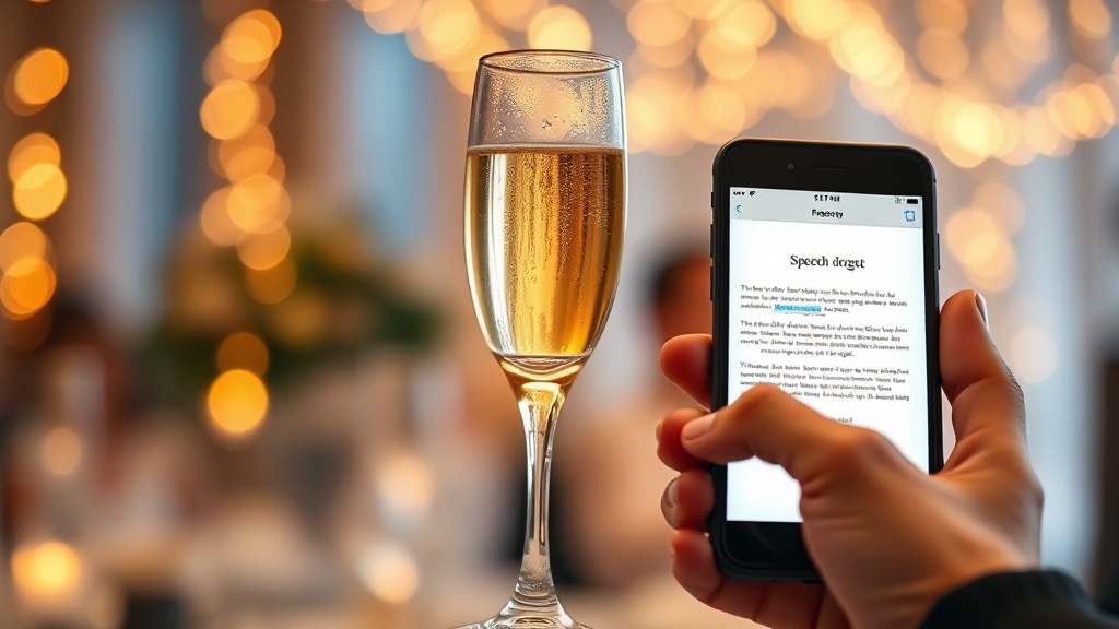 Person holding a smartphone with an AI speech draft at a wedding event with blurred lights.