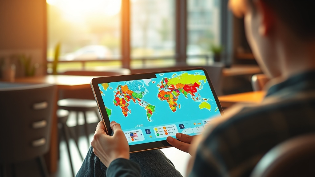 A traveler using an AI trip organiser on a tablet to plan a vacation at a sunny cafe.