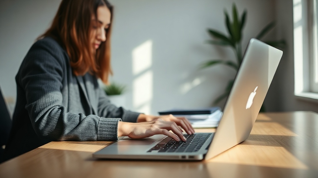 A professional using a laptop to create authentic AI-generated social media content.