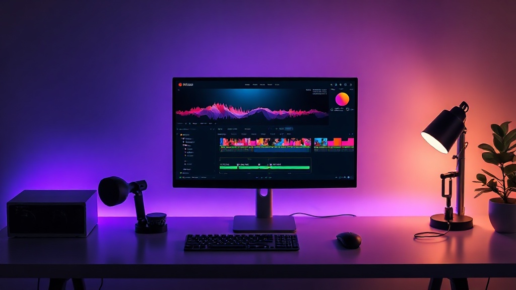 A computer screen displaying professional AI video editing software with a colorful video timeline and no watermark.