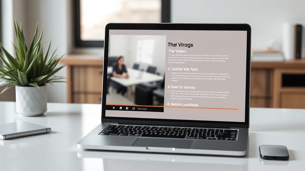 A clean, modern workspace with a laptop screen displaying an AI-generated video summary.